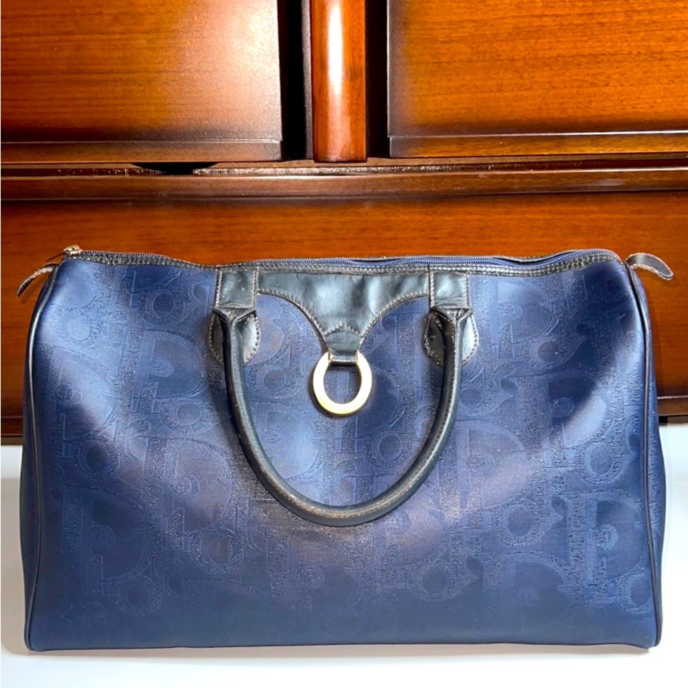 DIOR VINTAGE BLUE MONOGRAM COATED CANVAS BOSTON BAG